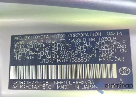 2014 Toyota Prius C Two from USA, damaged, VIN JTDKDTB31E1565607